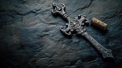 Ornate antique wine opener on dark stone