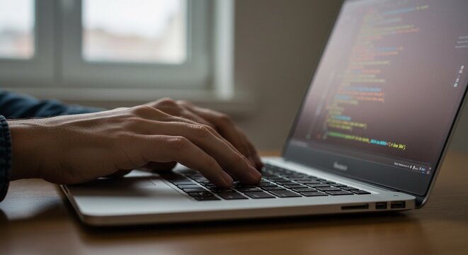 Person typing on a laptop with code displayed on the screen in front of a bright window indoors