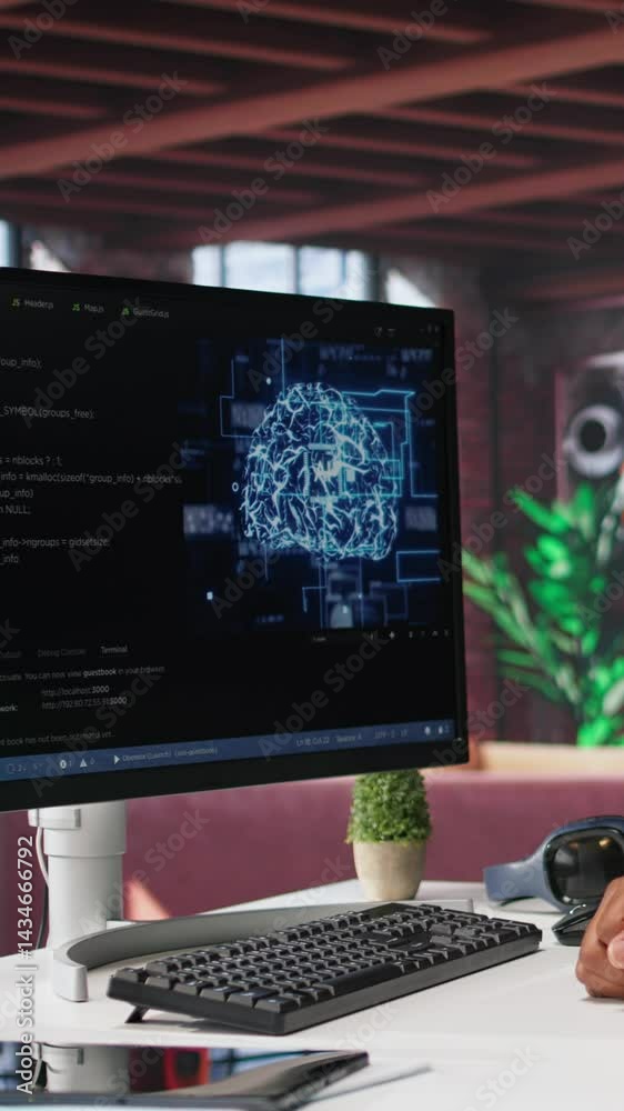 Fototapete Vertical Video African american engineer coding a neural network AI brain model for machine learning and deep learning, solving IT support tasks on pc. Debugging software and checking for errors