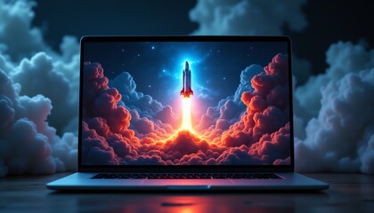 Futuristic rocket launch from a laptop screen.