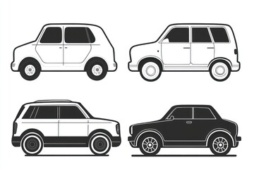 Fototapeta premium Four car illustrations, side view, white background, design element