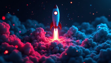 Rocket launching through vibrant cosmic clouds.