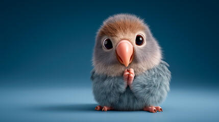 Cute parrot with fluffy feathers poses playfully against a vibrant blue background