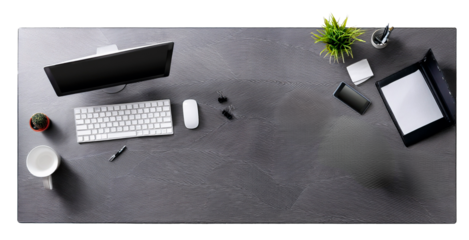 top view of work table in grey color with monitor and keyboard and other stationary isolated on white background
