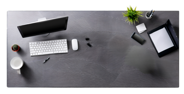 top view of work table in grey color with monitor and keyboard and other stationary isolated on white background