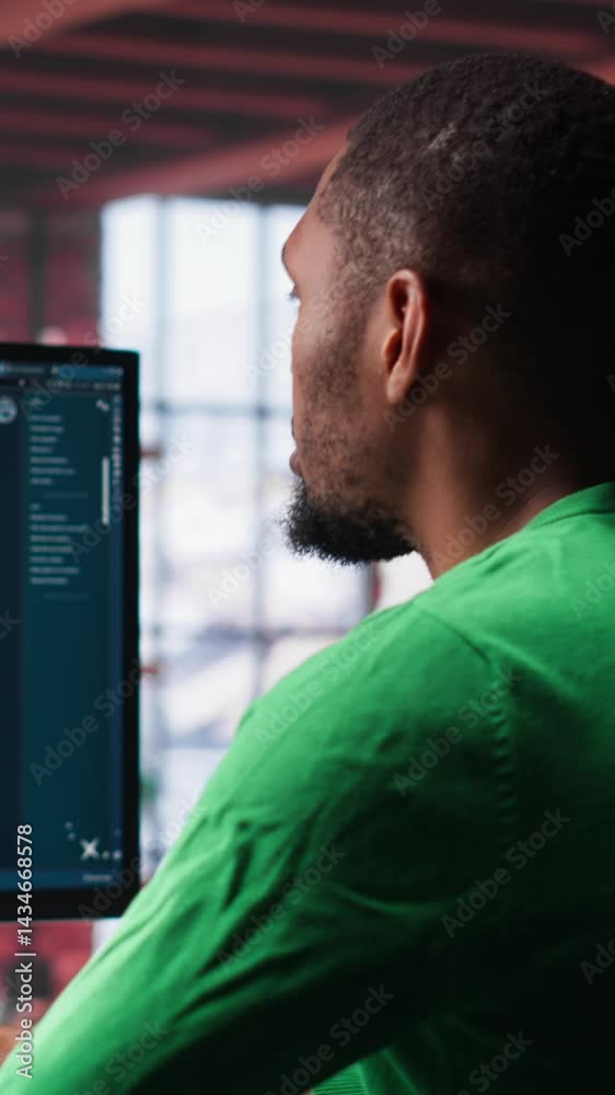 Poster vertical video black guy uses deep learning tools to generate video footage from text prompts in a p