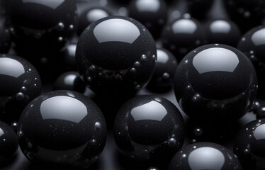 A close up shot reveals numerous glossy black spheres, densely clustered together. Their reflective surfaces create a dramatic interplay of light and shadow.
