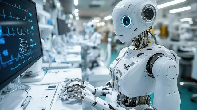 White robot working on high tech computer