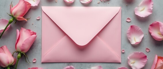 Pink envelope surrounded by rose petals on a light background Generative AI
