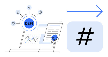 Laptop displaying decentralized finance data with graphs and certified document. Icons symbolize digital assets. Ideal for fintech, blockchain, innovation, analysis, certification, investment ideas