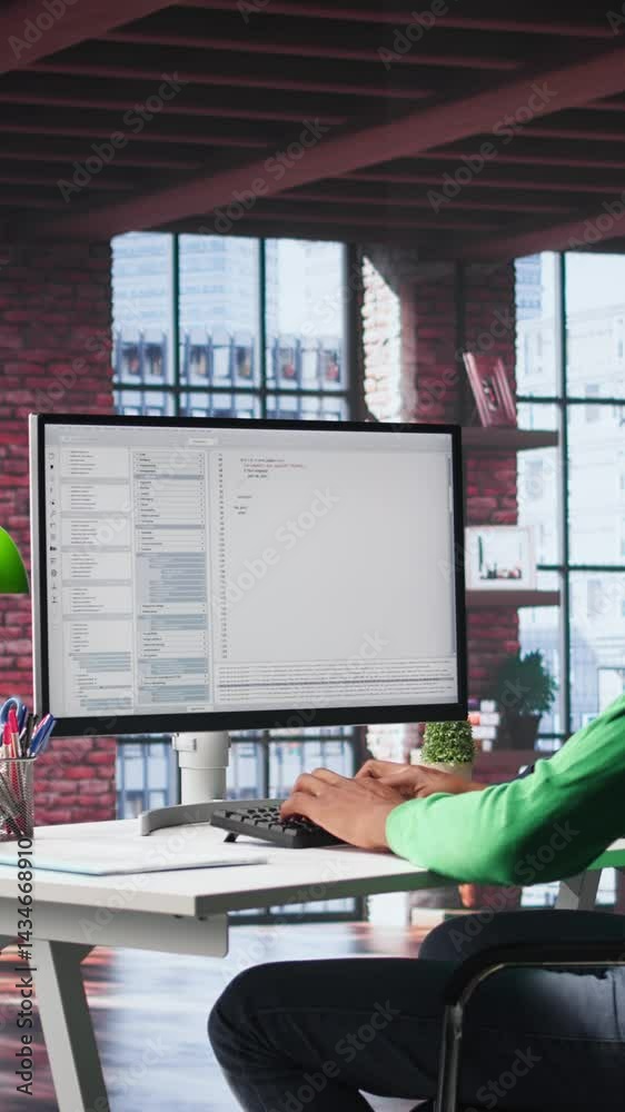 Poster vertical video african american it expert working with a computer full of code. professional system 