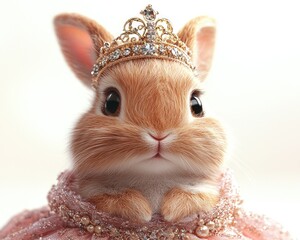 Adorable rabbit dressed in a sparkling pink gown and crown, posing elegantly