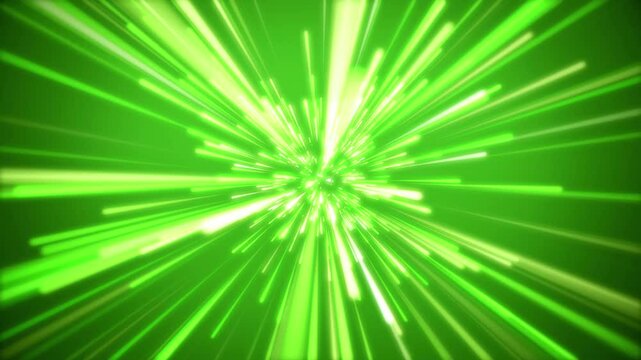 Camera entering Green spacewarp with glowing light streaks in 4K, high speed travel through futuristic sci-fi tunnel, dynamic burst of neon beams in deep space animation
