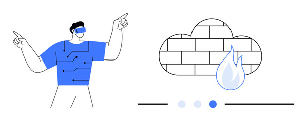Person wearing virtual reality headset pointing at cloud firewall with flame icon, circuit-thumbs up design on shirt. Ideal for cybersecurity, innovation, technology, data security, VR concepts