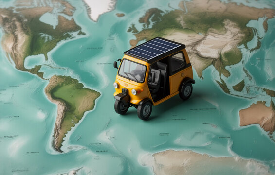 A miniature yellow auto rickshaw is positioned on a detailed world map, suggesting themes of global travel and compact transportation methods across diverse terrains. - Powered by Adobe