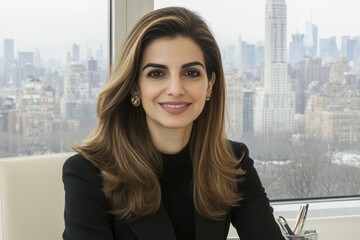 An elegant young woman is the main subject of the editorial-style photo, featuring an aesthetic background setting with a chair and laptop.