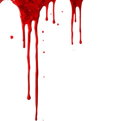 Red blood or paint flowing down on transparent background. Halloween, murder and horror concept. Red ink splash, splatter and stain.