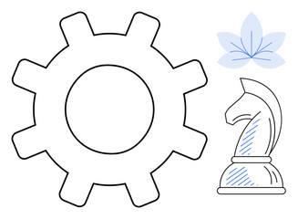 Gear symbolizing process, chess knight for strategy, and floral element for nature. Ideal for themes thumbs up planning, mechanics, ecosystems, decision-making, growth, innovation flat simple