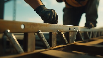 Construction Worker Handling Metal Beams