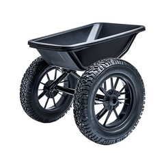A sturdy black wheelbarrow with rugged tires positioned on a construction site, ready for transporting materials among workers