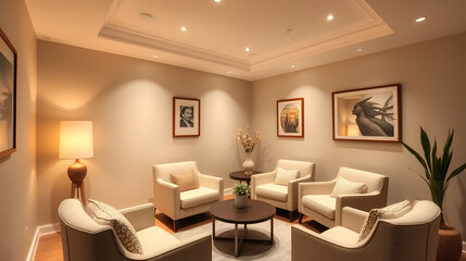 A calm and inviting hypnotherapy room with soft lighting and comfortable seating, promoting a sense of peace
