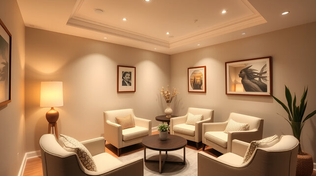 A calm and inviting hypnotherapy room with soft lighting and comfortable seating, promoting a sense of peace