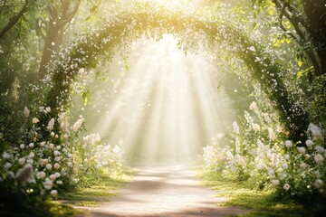 Sunlit path through a floral archway in a lush green forest