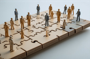 Miniature figures stand on a large jigsaw puzzle, symbolizing teamwork, collaboration, and the interconnectedness of individuals within a group. Some figures are taller than others, suggesting leader