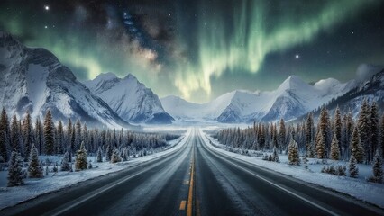 Snowy Mountain Highway and the Aurora Borealis