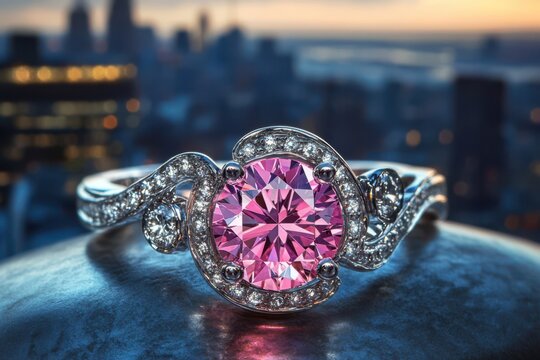 A luminously pink diamond engagement ring displayed on a sleek white marble surface with a soft focus background.