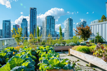 Fototapeta premium City Rooftop with Organic Vegetable Garden Beds Overlooking Modern Skyline in Background