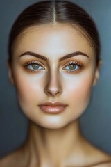 Woman's Face Portrait with Clear Skin and Green Eyes Focused Gaze