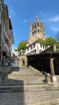 Lausanne, Switzerland - View of Lausanne Cathedral, Notre Dame of Lausanne, gothic architecture, walking tour through Lausanne in French Switzerland