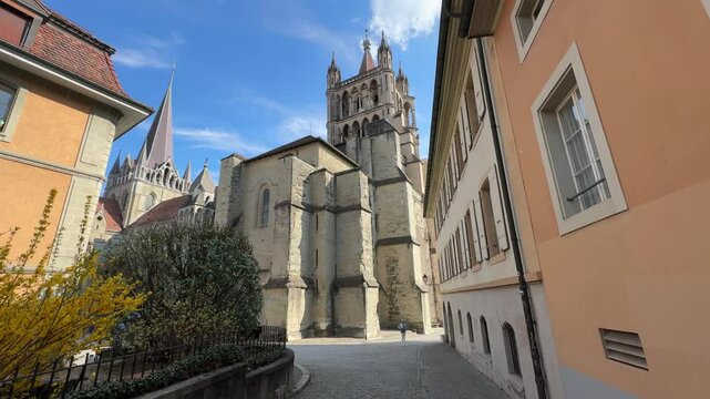 Lausanne, Switzerland - View of Lausanne Cathedral, Notre Dame of Lausanne, gothic architecture, walking tour through Lausanne in French Switzerland
