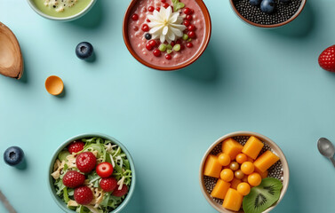 Bowls filled with vibrant fruit and creamy yogurt are neatly arranged on a light blue table, showcasing a fresh and healthy food concept.
