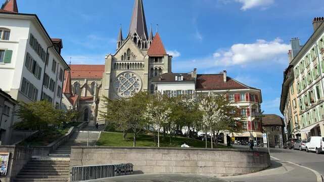 Lausanne, Switzerland - View of Lausanne Cathedral, Notre Dame of Lausanne, gothic architecture, walking tour through Lausanne in French Switzerland