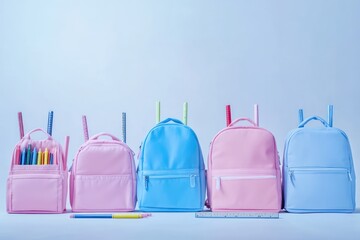 Colorful mini backpacks, arranged in a row, filled with colorful stationery.  Perfect for back to school!