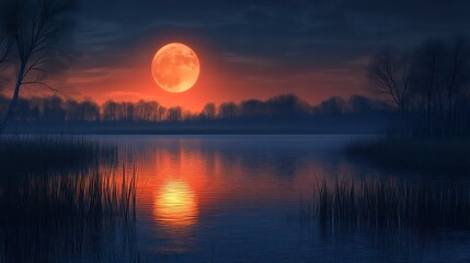 Naklejka premium Serene Sunset Over a Calm Lake with a Glowing Orange Moon Reflecting in the Water Ideal for Na