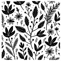 Botanical array of floral silhouettes in monochrome displaying varied species