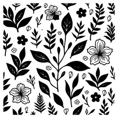 Elegant Botanical Pattern: Monochrome Floral Design on White Background Square