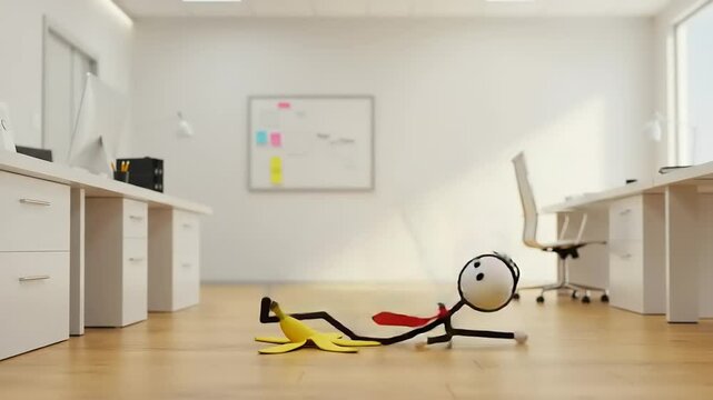 A stick figure in a tie slips on a banana peel in a modern office setting, highlighting humor