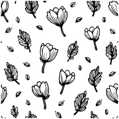 Elegant floral pattern with hand-drawn tulips and delicate leaves in monochrome