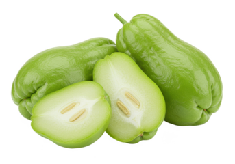 Chayote squash with a halved one showing seeds isolated on transparent background