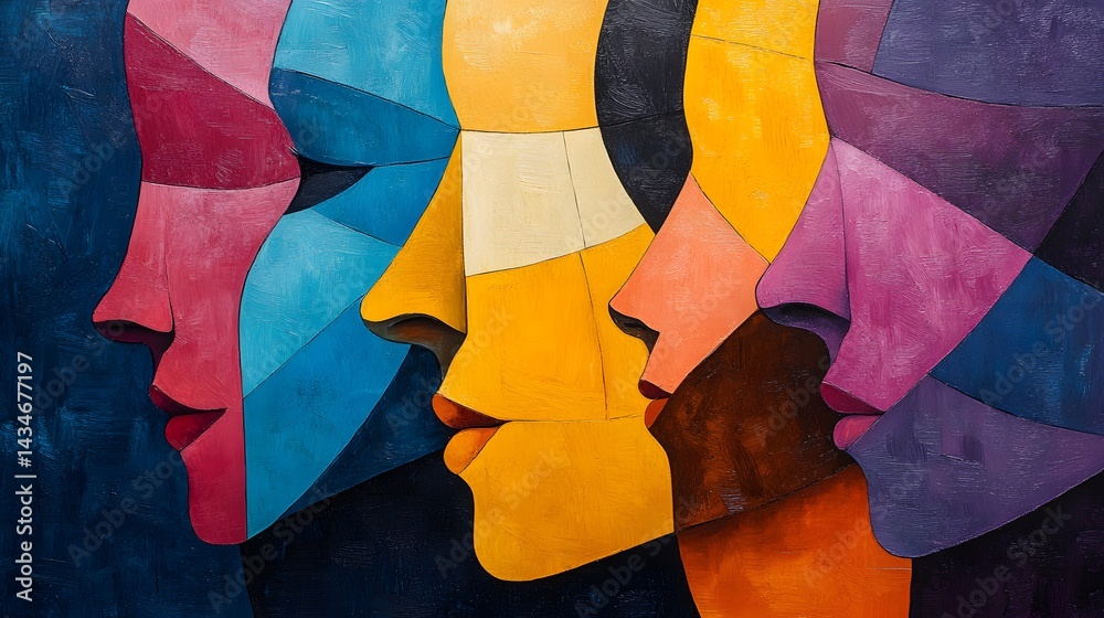 Poster a vibrant abstract painting showcasing four colorful faces, rendered in a cubist style. the artwork 
