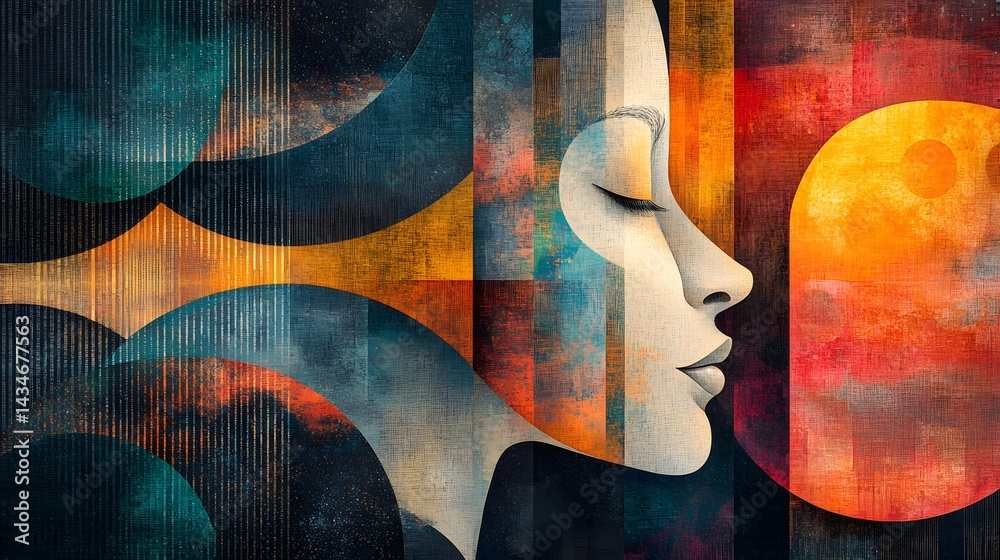 Poster stylized human profile merges with an abstract geometric background. striking colors evoke introspec
