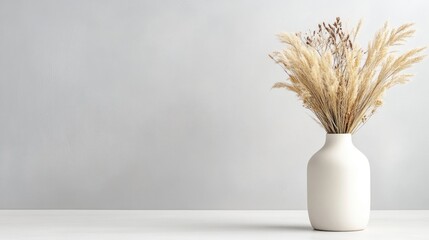 A white ceramic vase with dried pampas grass on a minimalist white surface, soft neutral background, and elegant home decor composition.