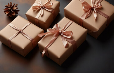 Four kraft paper-wrapped gifts, tied with delicate rose gold ribbons, sit on a dark surface. A small pine cone adds a rustic touch.