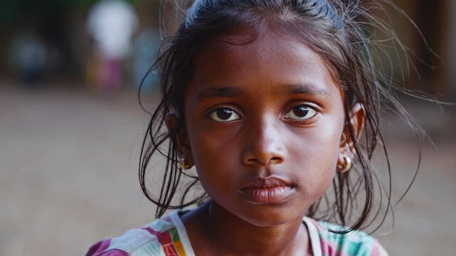 Portrait of a young indian girl with deep, expressive eyes reflecting a mix of hope and concern, possibly hinting at the challenges faced by children in developing nations