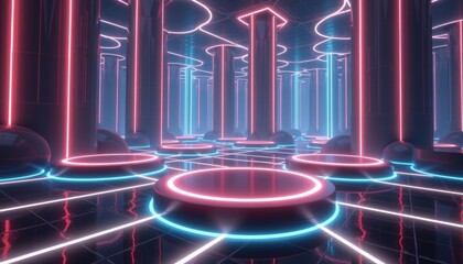 Metaverse environment with abstract floating platforms and neon wireframes