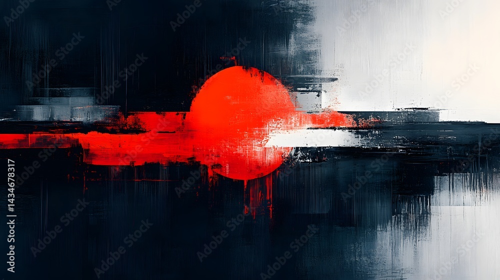 Poster bold abstract painting with a central red ellipse, contrasting dark textures and bright white. horiz